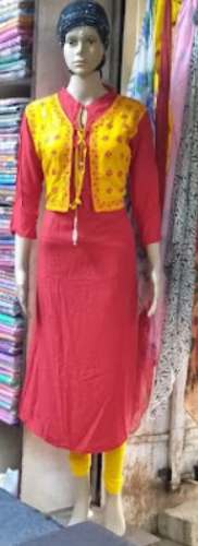 Fancy Pink and Yellow Jacket Style Rayon Kurti  by Hitesh suit collection