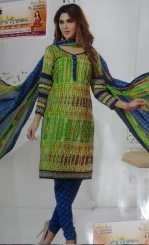 Regular Wear Blue And Green Printed Dress  by Hitesh suit collection