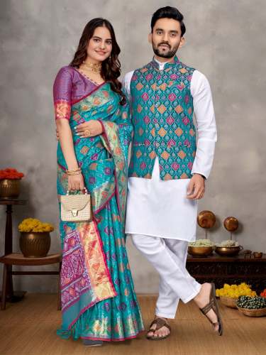 Festival Season Saree and Mens Kurta,koti,Pajama Couple Combo Set by rudrika creation