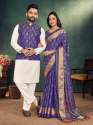 Jacquard Weaving Silk  saree And Kurta Couple Set thumb 1