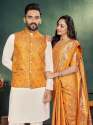 Jacquard Weaving Silk  saree And Kurta Couple Set thumb 6