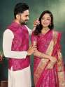 Jacquard Weaving Silk  saree And Kurta Couple Set thumb 9
