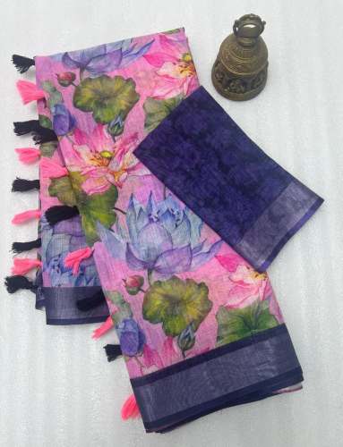 Linen with silver jari border saree