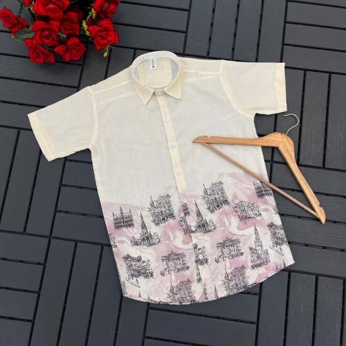 MEN'S EXCLUSIVE NATURAL 100%LINEN FEBRIC PRINTED HALF SLEEVE SHIRT
