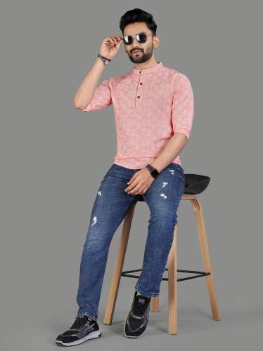 MenS Cotton Short Printed Kurta