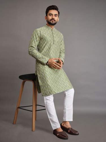 Mens Cotton Straight Lucknowi Work Kurta Pajama Set  by Rudrika Creation