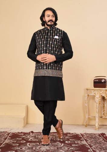 Mens Silk Embroidery Koti Style Kurta Pajama Set