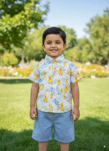 White cotton printed shirt with Blue  color soft denim shorts.