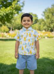 White cotton printed shirt with Blue  color soft denim shorts.