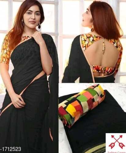 Buy Plain Saree With Work Blouse For Women by Fashion Hunt