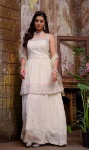 New White Sequence Embroidery Sharara Suit