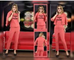 Pink color Ladies Plain Party Wear 3 Piece  crepe Dress