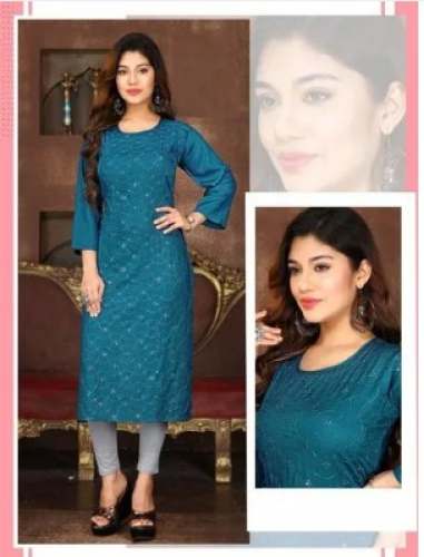 long Embroidered Rama Green Kurti by K Deepakkumar