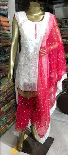 Red and White Patiala Readymade Dress by Liza Fashion