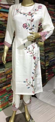 Stylish White Embroidered Kurti Pant Set  by Liza Fashion