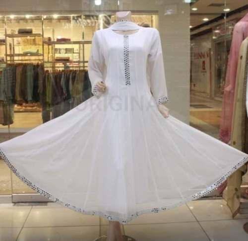 White Anarkali Suit With Mirror Wok Border  by Liza Fashion