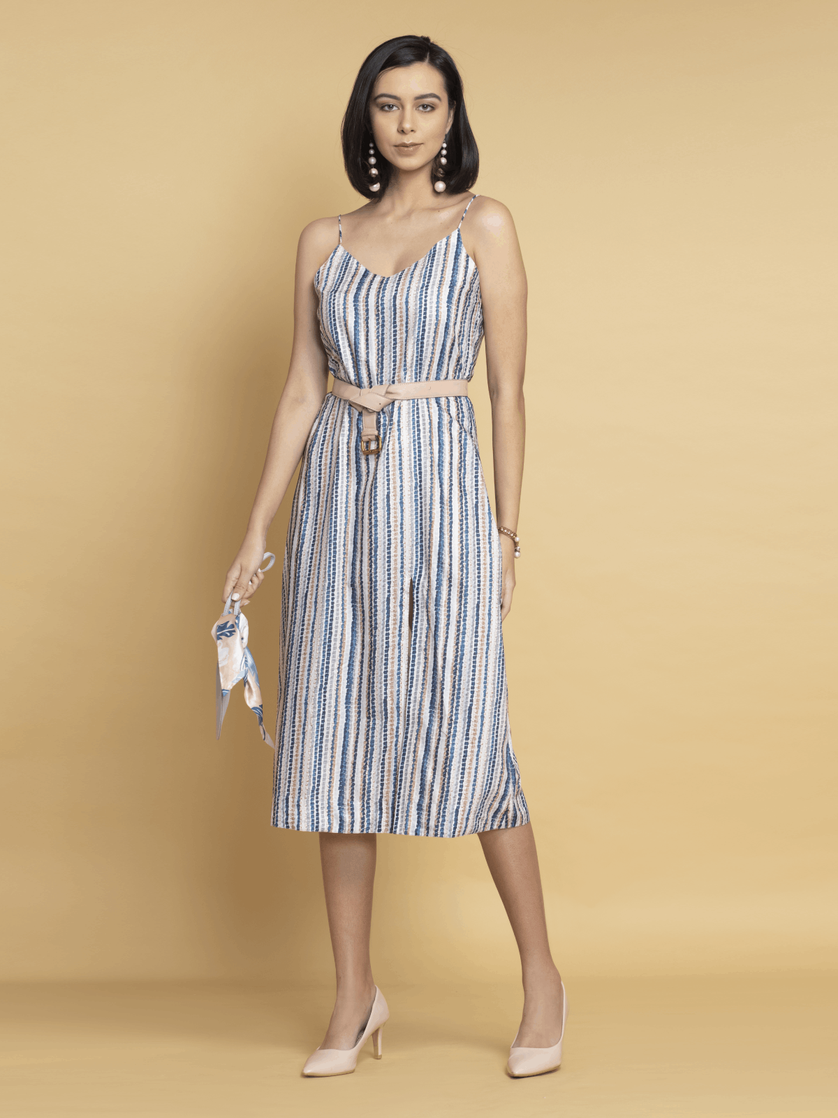 Blue Striped A-Line Midi Dress  by octics