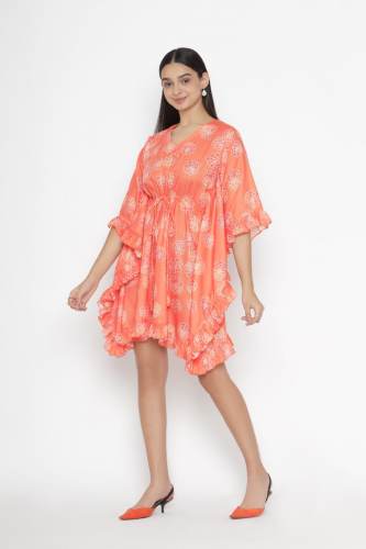 Orange Floral Printed short kaftan dress by octics