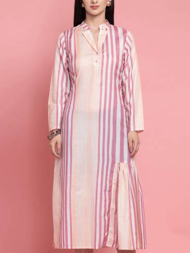 Orange Strips Printed Normal Flared Maxi Dress by octics