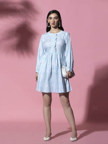 Women One piece dress SKY BLUE PRINTED A-LINE DRESS by octics