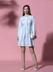 Women One piece dress SKY BLUE PRINTED A-LINE DRESS