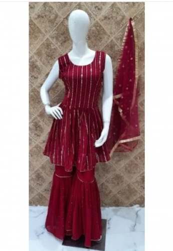 Maroonish Designer Peplum Sharara Suit  by Rajesh Jain Sons