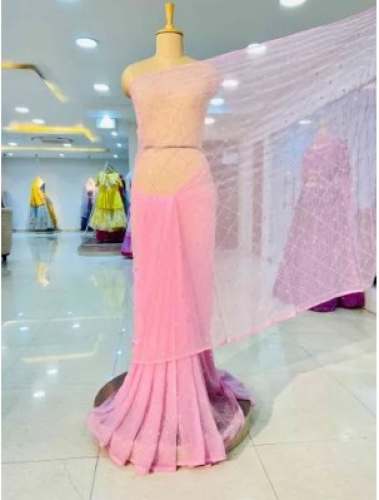 Baby Pink Chiffon Saree With Cutdana Work