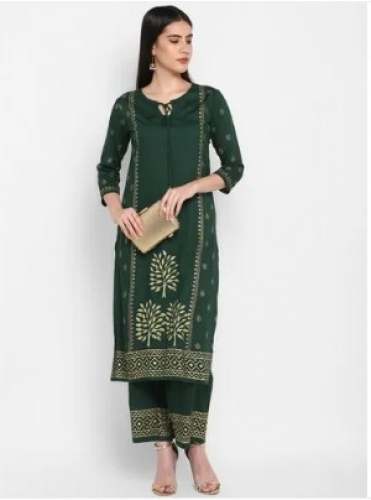 Ladies Rayon Hand Block Kurti Palazzo Suit