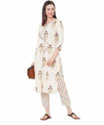 Ladies White A Line Cotton Kurti Pant Set