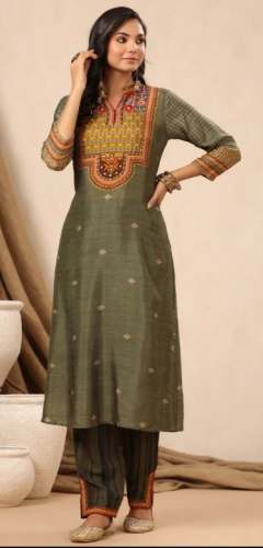 Moss Green Tussar Silk Kurta With Pants by Pratap Sons