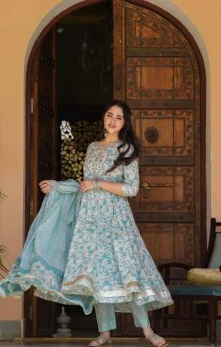 Off White Floral Block Printed Anarkali Set by Pratap Sons