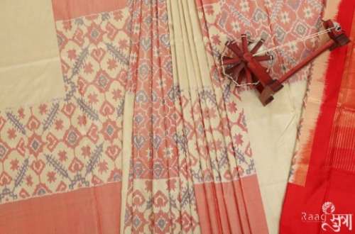 Fancy Cream And Red Patola Silk Saree For Women by Raag Creation