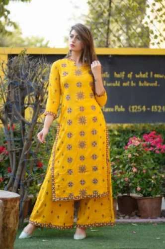 Yellow Rayon Kurti Palazzo Set by uddeshy textiles by Uddeshy Textiles