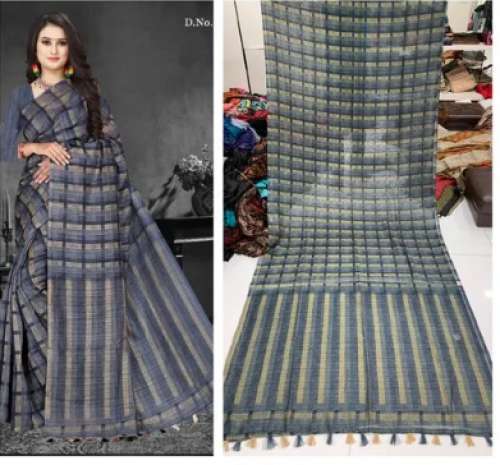 Checks Cotton Linen Saree by Manbhari Prints