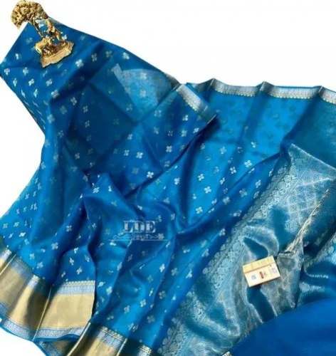 Blue Printed Kora Silk Saree For Women by C B Handloom India