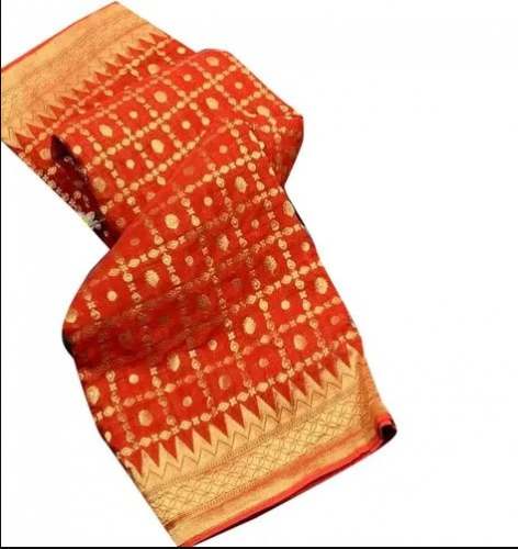 Orange Khadi Printed Saree For Women by C B Handloom India