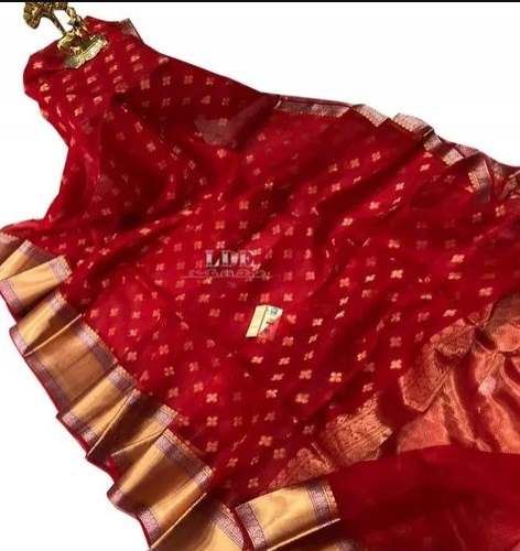 Red Printed Kora Silk Saree For Women by C B Handloom India
