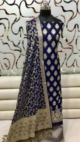Party Wear Navy Blue Banarasi Silk Dress Material by Waqar Estate