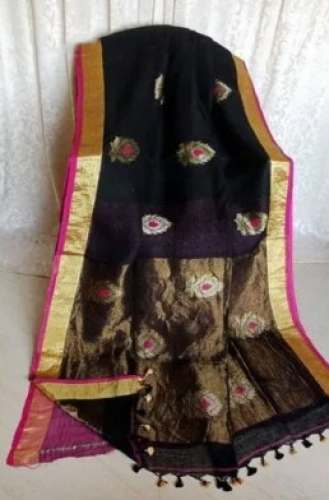 Fancy Printed Black Linen Saree  by Bharati Textile