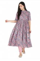  Anarkali Floral Print Cotton Kurta And Pant Set