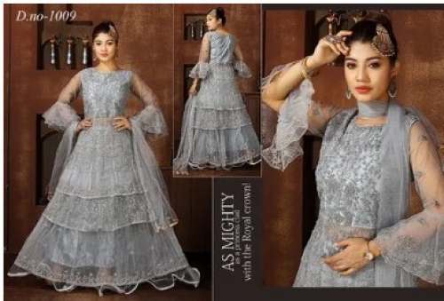 Party Wear Grey Color Net Gown  by Kanishka Fashion