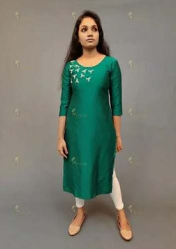 Green Straight Slub Silk Kurti  by Miracle Collections