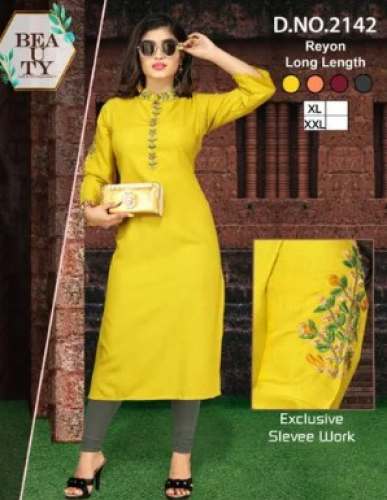 Stand Collar Neck Rayon Straight Kurti by Miss Chic Fab