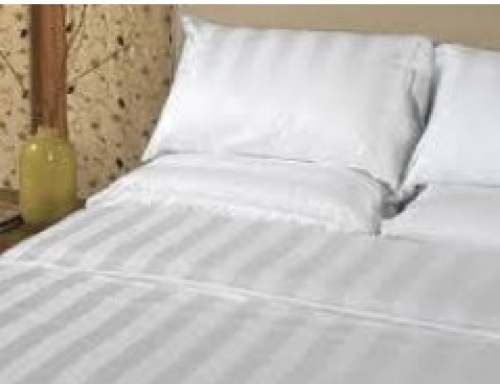 Satin Striped White Hotel Bed Sheet  by Moohaambika Home Furnishing