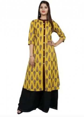 Yellow And Black Cotton Palazzo Suit  by Baba Garments