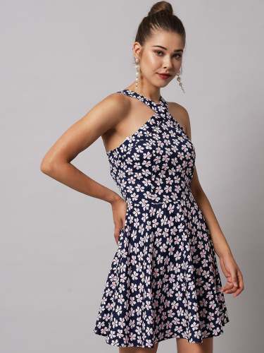 Floral Halter Neck Fit And Flare Short Dress by Hackmyway Technologies Private Limited