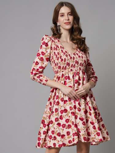 Floral Print Puff Sleeve Smocked Fit Frock Dress  by Hackmyway Technologies Private Limited
