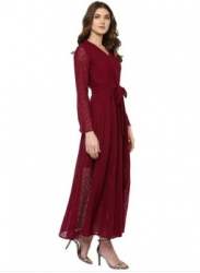 Plain Maroon Western Maxi Dress 