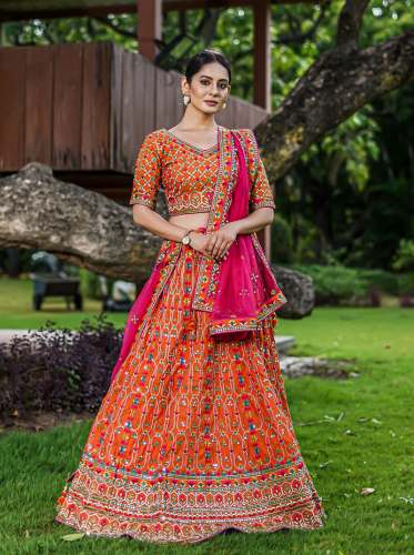 Artful Orange Color Pure Silk Lehenga  by Chansi Trendz