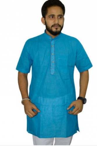 Mens Blue Plain Short Kurta  by Bharat Fashion